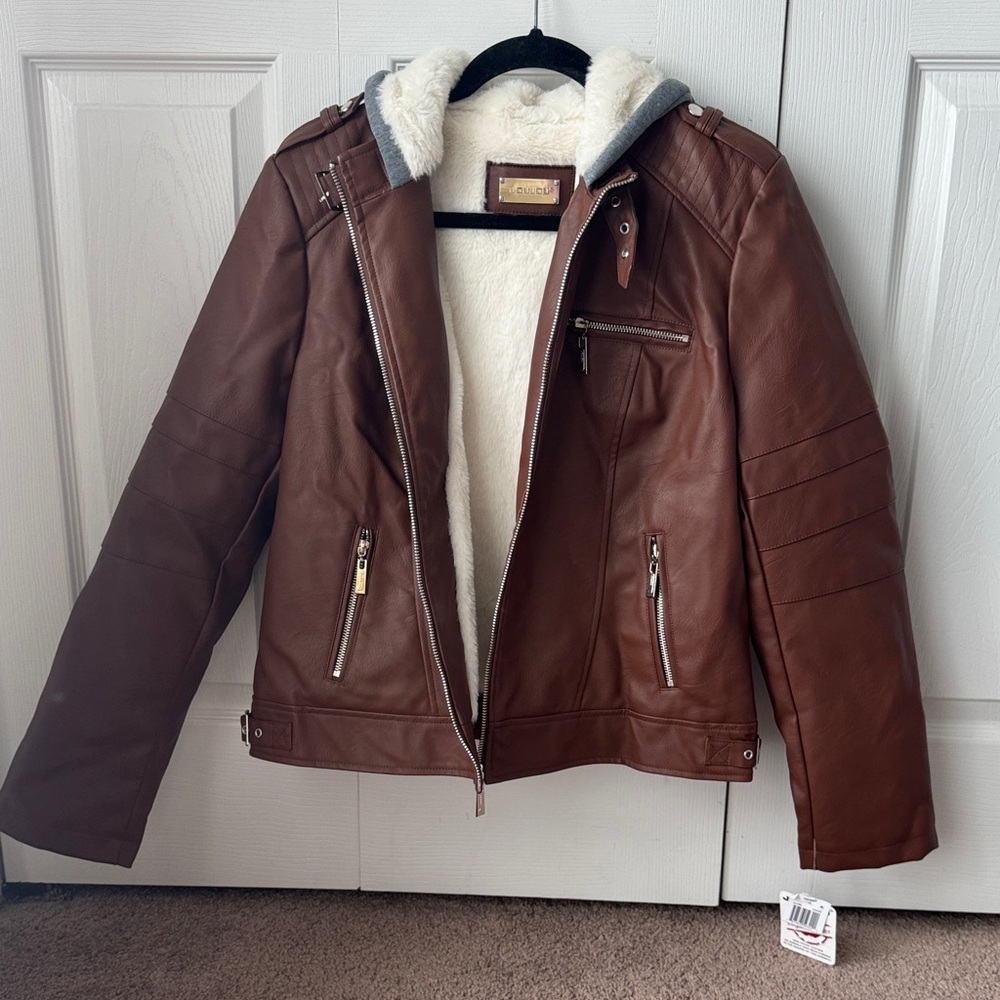 Jou Jou Brown Faux Leather Hooded Jacket with Cream Sherpa Lining